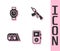 Set Music player, Wrist watch, Drum machine music and Submachine gun icon. Vector