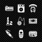 Set Music synthesizer, Floppy disk, Telephone handset, Fountain pen nib, Old mobile, Pager, Lipstick and Yoyo toy icon