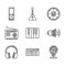 Set Music synthesizer, Location musical note, Megaphone, Headphones, Radio, Sound mixer controller and player icon