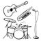 Set of musical instruments, outline hand drawing, black and white sketch, rock and roll icon, silhouette. Drum kit, synthesizer,