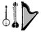 A set of musical instruments. Stylized harp. Black and white banjo illustration. Sitar. Collection of stringed musical