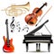 Set of musical instruments trumpet, violin, piano and guitar with notes