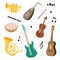 Set of musical instruments. Tuba, trumpet, drum flute, french horn, lute, violin, electric bass guitar, acoustic guitar