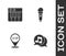 Set Musical note in speech bubble, synthesizer, Location Vip and Microphone icon. Vector