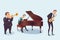 set of musicians on white background. Saxophonist, Pianist, Trumpeter. Cartoon style