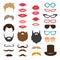 Set of mustache, beards, haircuts, lips and sunglasses.
