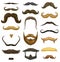 Set of mustache and funny beard of men, hipster and retro barber or hairdresser on transparent background. engraved hand