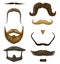 Set of mustache and funny beard of men, hipster and retro barber or hairdresser on transparent background. engraved hand