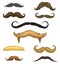 Set of mustache and funny beard of men, hipster and retro barber or hairdresser on transparent background. engraved hand