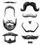 Set of mustache and funny beard of men, hipster and retro barber or hairdresser on transparent background. engraved hand