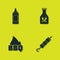 Set Mustard bottle, Grilled shish kebab, Barbecue fire flame and Ketchup icon. Vector