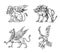 Set of Mythological animals. Cerberus Sphinx Griffin Mythical Basilisk Birds. Greek creatures. Engraved hand drawn