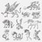 Set of Mythological animals. Mermaid Minotaur Unicorn Chinese dragon Cerberus Harpy Sphinx Griffin Mythical Basilisk Roc