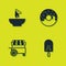 Set Nachos in plate, Ice cream, Fast street food cart and Donut icon. Vector