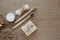 Set of natural bathroom and home spa tools. Zero waste. Ecotolls toothbrushes, bamboo swabs, soap, dry shampoo, toothpowder, jute