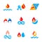 Set of nature power symbols, composition of water and fire elements.