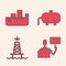 Set Nature saving protest, Oil tanker ship, Oil industrial factory building and Oil rig with fire icon. Vector