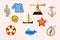 Set of nautical cartoon stickers. Marine objects and symbols collection.