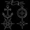 Set of nautical elements. Steering wheel, compass, anchor, windrose. Hand drawn sketch on black background