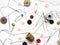 A set of needles, thimbles, buttons, pins, threads of black and red colors lying on a bright white background