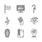 Set Nefertiti, Papyrus scroll, Eye of Horus, Egypt mummy in sarcophagus, Snake, Crook and Flag Of icon. Vector