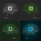 Set of neon brain. Cpu. Circuit board