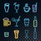 A set of neon bright glowing icons for a bar of cocktails, beer, glasses, coffee, tea, mugs, bottles of whiskey on a translucent