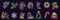 Set of neon Cristmas icons isolated on dark brick wall background. Gift box, christmas tree, Santa, angel, snowflake, stocking,