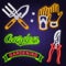 Set of neon garden tools and accessories icon. Vector. Colorful neon light design icon, tools hand secateurs, garden