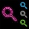 Set of neon magnifier icons in four different colours isolated on black background. Loupe, search, explore, zoom concept