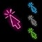 Set of neon mouse cursor click icons in four different colours isolated on black background. Web, computer, select