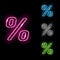 Set of neon percentage sign icons in four different colours isolated on black background. Sale, discount, interest