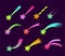 Set of neon space falling down comets and stars vector illustration. Meteors fire trails isolated. Fireball and star