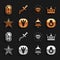 Set Neptune planet, King crown, Mars, Ringing alarm bell, Pentagram, Diamond, Magic runes and Dagger icon. Vector