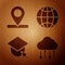 Set Network cloud connection, Location, Graduation cap on globe and Social network on wooden background. Vector