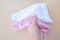 Set of New colorful underpants in female hand, close up. Cotton panties for women and girls. Womens underwear, female hygiene, new