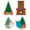 Set of New Year.  Fireplace, Christmas Tree, Gift Icon Concept. Furniture on White Background. Chair Symbol, Icon and Badge.