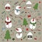 A set of New Year objects on a sand background. Snowmen, houses, snowflakes, Christmas trees