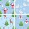Set of New Year patterns. Christmas tree, Santa Claus, reindeer, snowman, bunny, candy cane and snowflakes on  blue background.