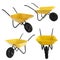 Set of new yellow wheelbarrows on background. Gardening tool