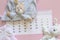 Set of newborn accessories in anticipation of  child - calendar with circled number 5 five, baby clothes, toys on pink