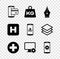 Set NFC Payment, Weight, Fountain pen nib, Medical cross circle, Computer monitor and gear and Setting smartphone icon