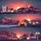 Set of night landscape, mountains, sunset, travel, hiking, nature, campfire, big tourist backpack, camping, city
