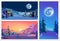 Set night and sunset landscapes with winter city, forest, trees, mountains, starry sky and Moon. Vector illustration