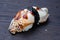 Set Nigiri sushi set with tuna salmon prawns sea bass. sushi nigiri collection on Black background reflection high resolution