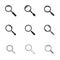 Set of nine black icons of magnifier glasses isolated on a white background