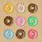 Set of nine bright tasty vector donuts illustration on the cardboard box background. Doughnut icon in cartoon style