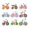 Set of nine children s bicycles. Children s transport. Tricycles