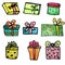 Set of nine Christmas boxes with gifts. Colorful gifts are drawn by hand with markers on an isolated white background