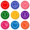 Set of nine colorful flat heart icons. Double hearts, broken heart, heartbeat, locked heart. Valentine Day icons.